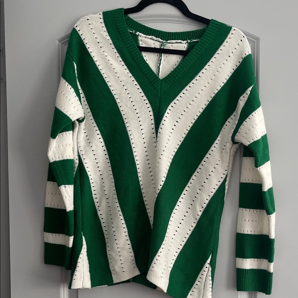 Green and White Striped Women's Sweater - Picture 1 of 2
